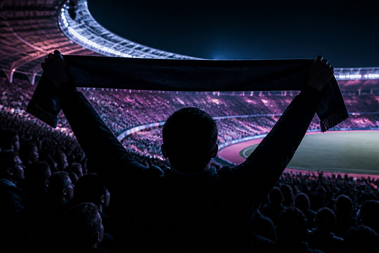 Person mit erhobenen Armen von hinten im Stadion